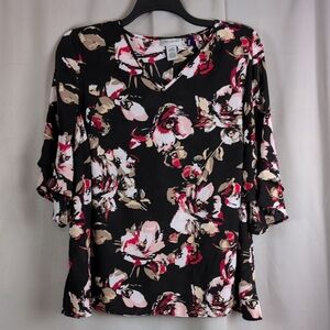 Catherines Black and Pink‎ Floral Bell Sleeve Blouse
